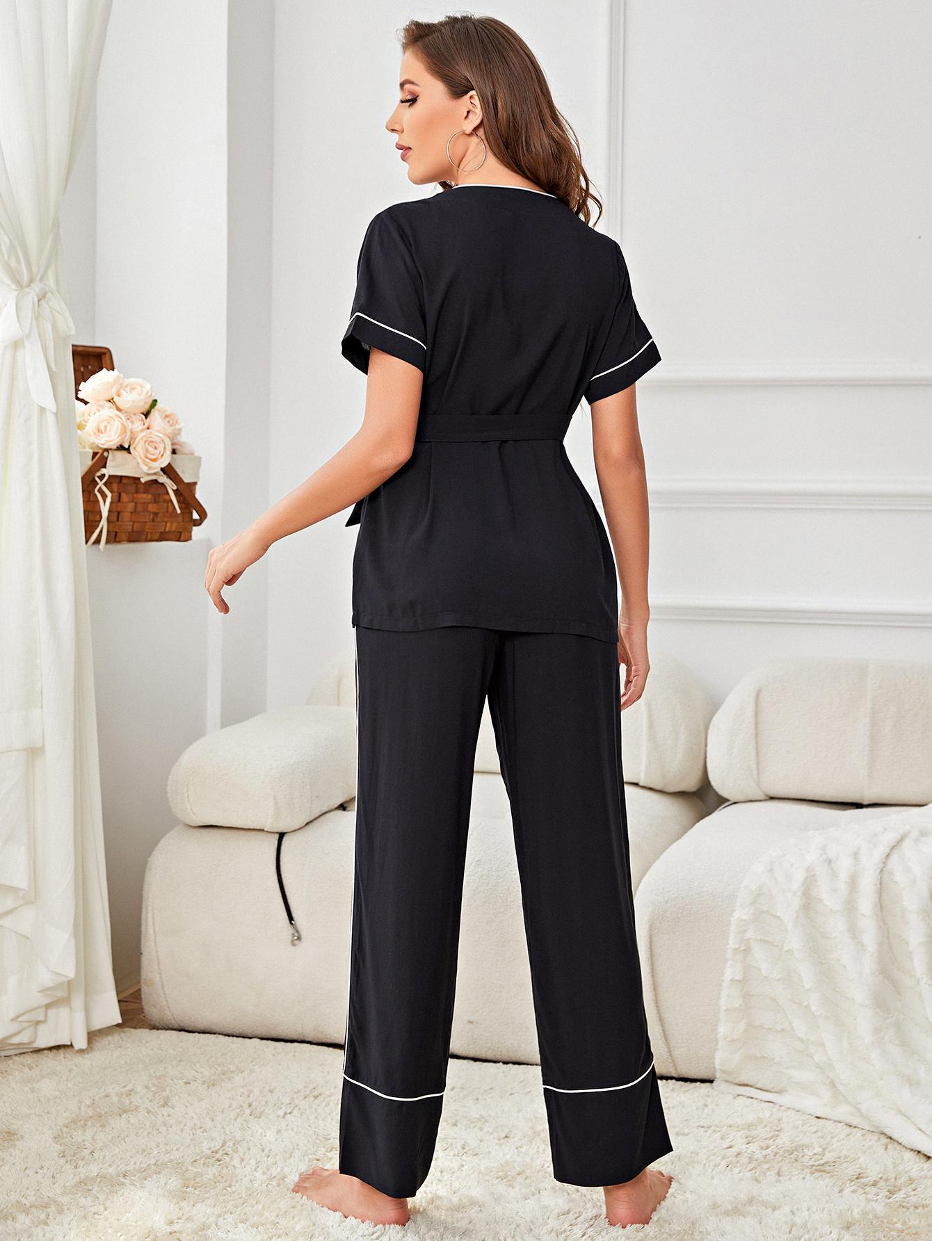 Contrast Piping Belted Top and Pants Pajama Set