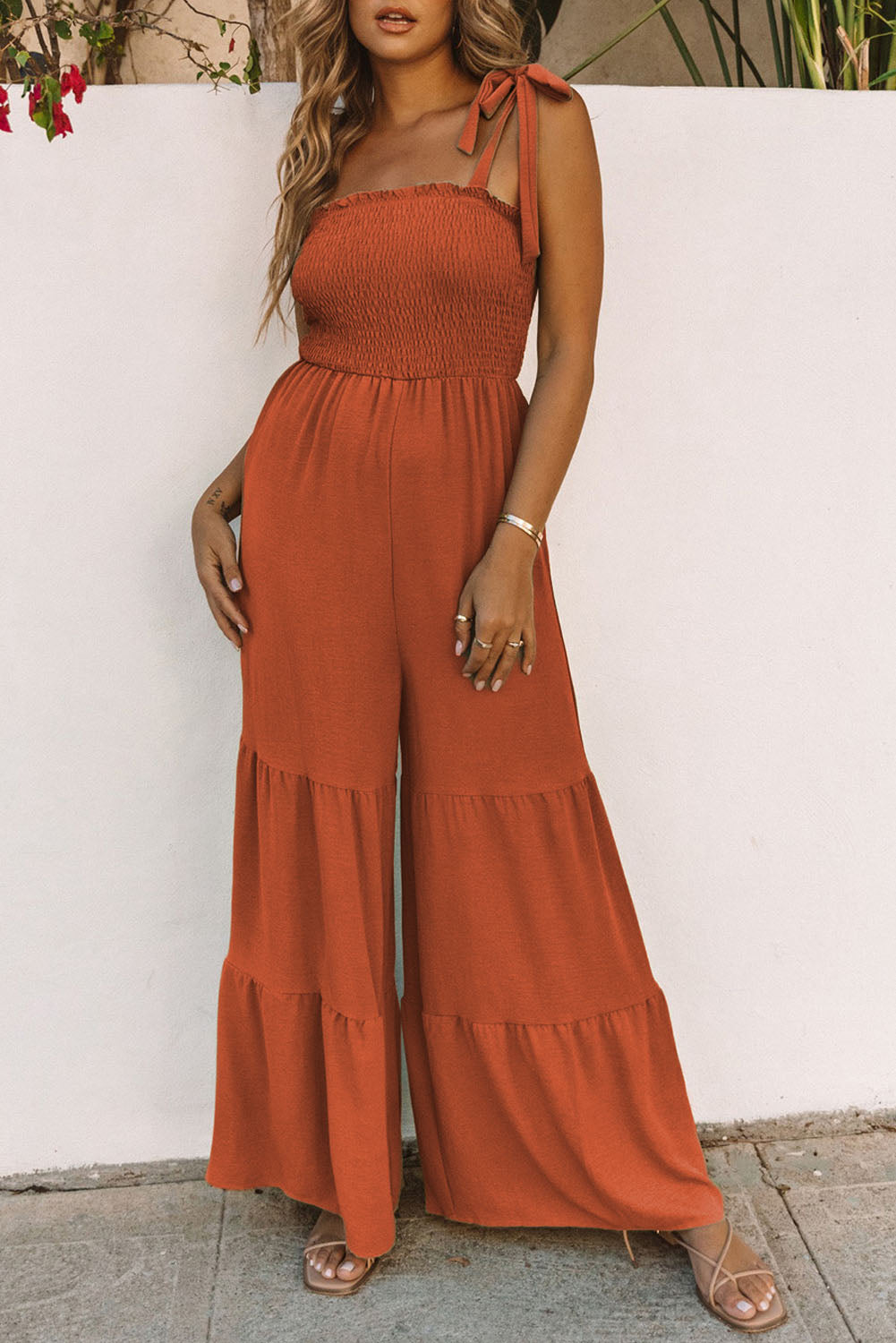 Tie-Shoulder Smocked Tiered Jumpsuit