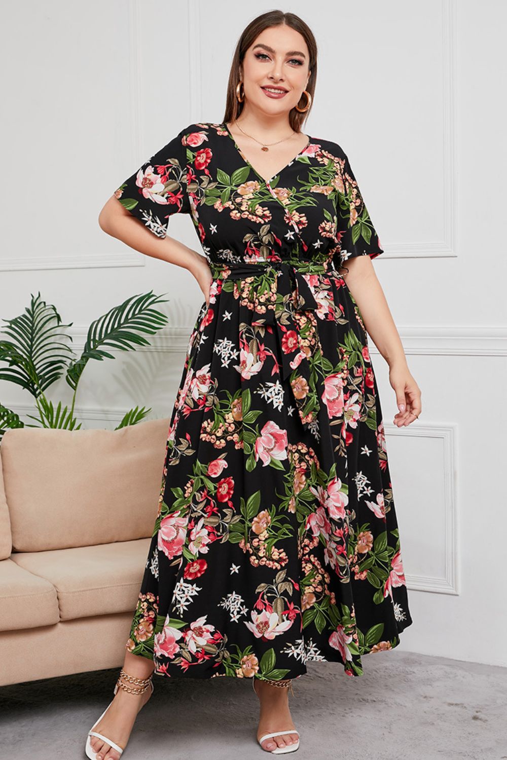 Plus Size Printed Surplice Short Sleeve Maxi Dress