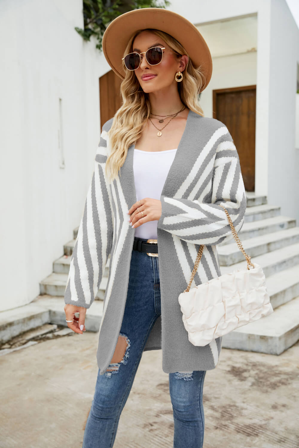 Two-Tone Open Front Fuzzy Longline Cardigan