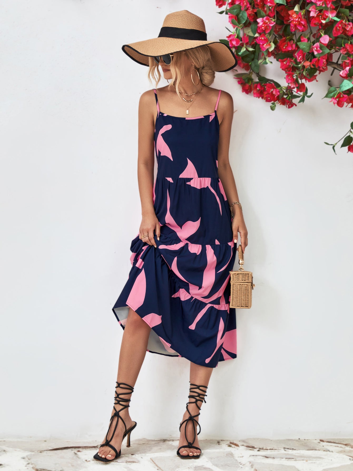 Printed Spaghetti Strap Tiered Midi Dress