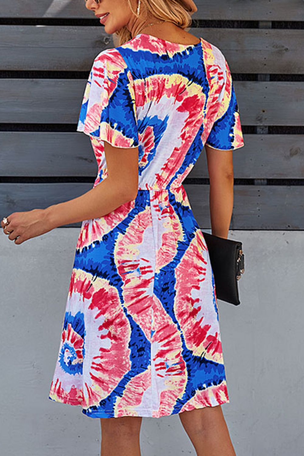 Printed Surplice Neck Knee Length Flutter Sleeve Dress