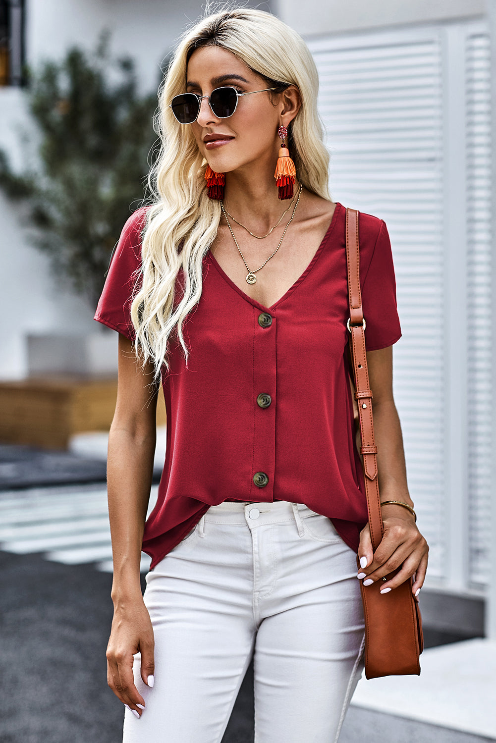 Buttoned V-Neck Short Sleeve Top