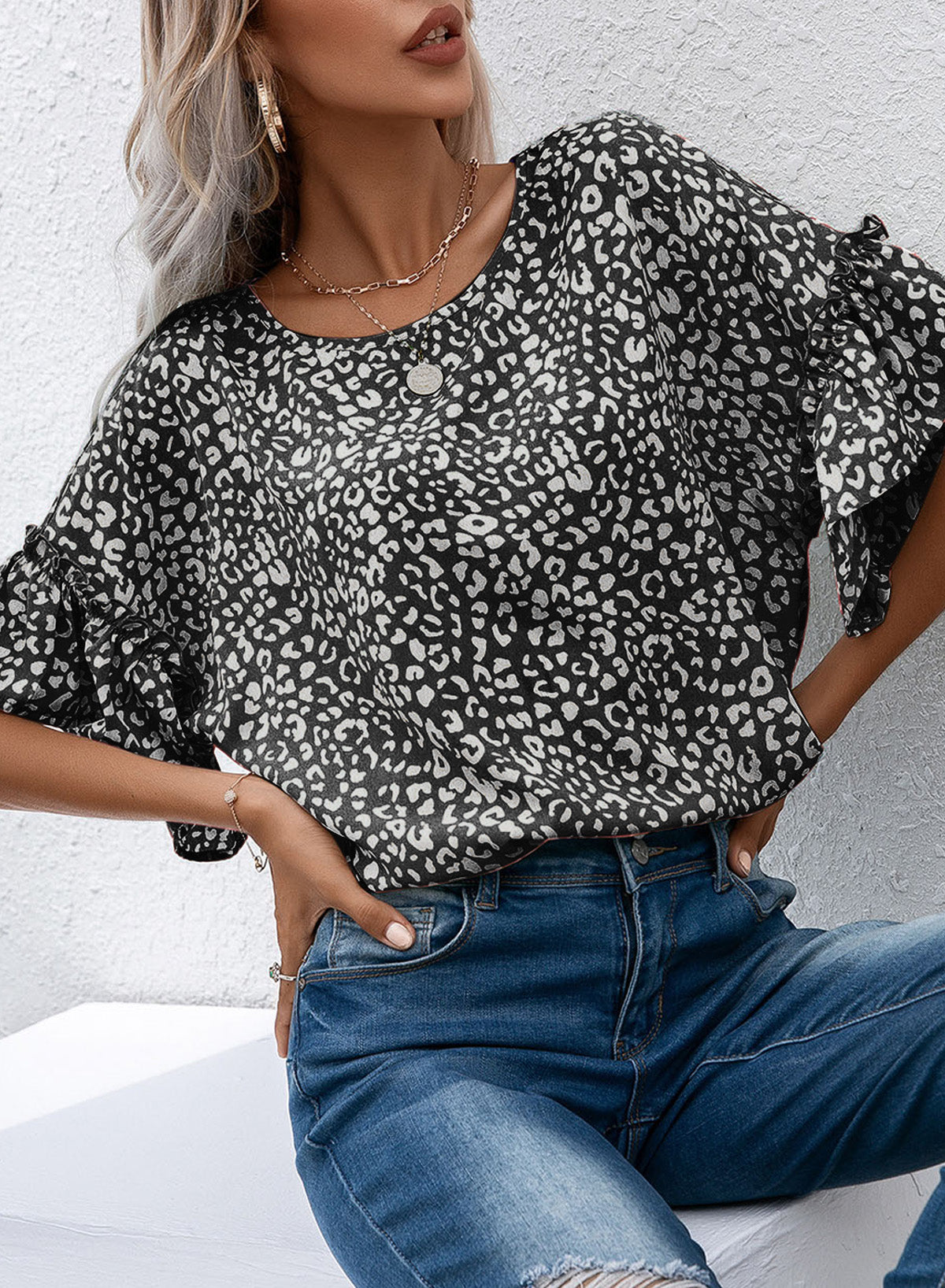 Leopard Round Neck Frill Trim Blouse