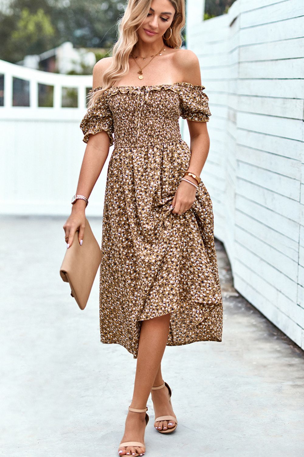 Floral Ruffled Square Neck Dress with Pockets