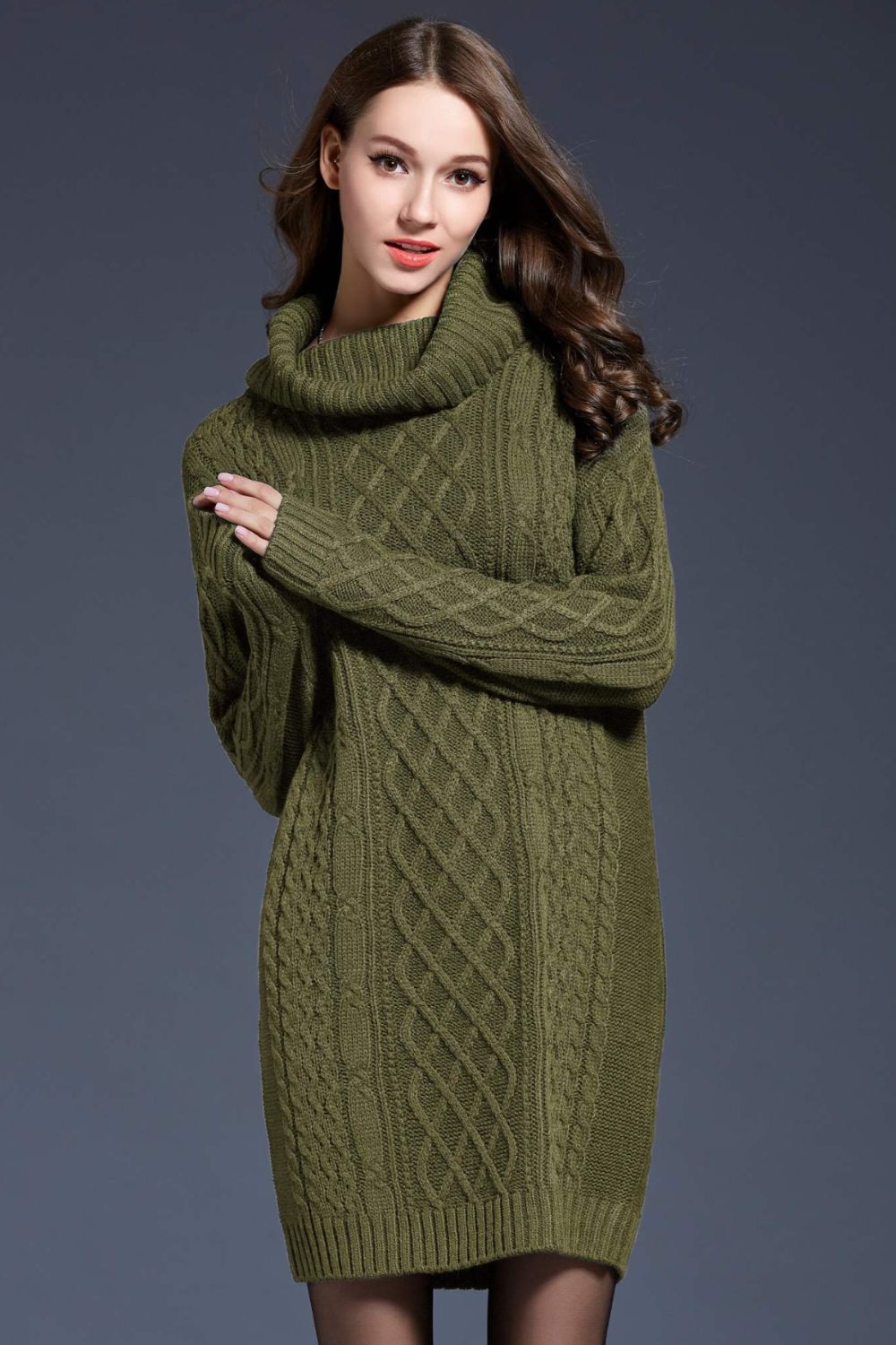 Full Size Mixed Knit Cowl Neck Dropped Shoulder Sweater Dress