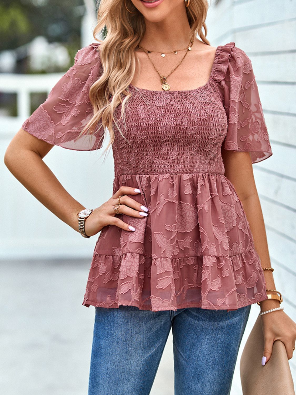 Smocked Square Neck Babydoll Blouse