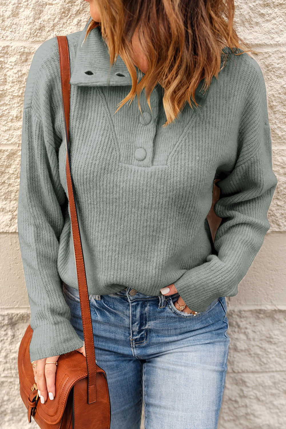 Half Button Dropped Shoulder Ribbed Sweater