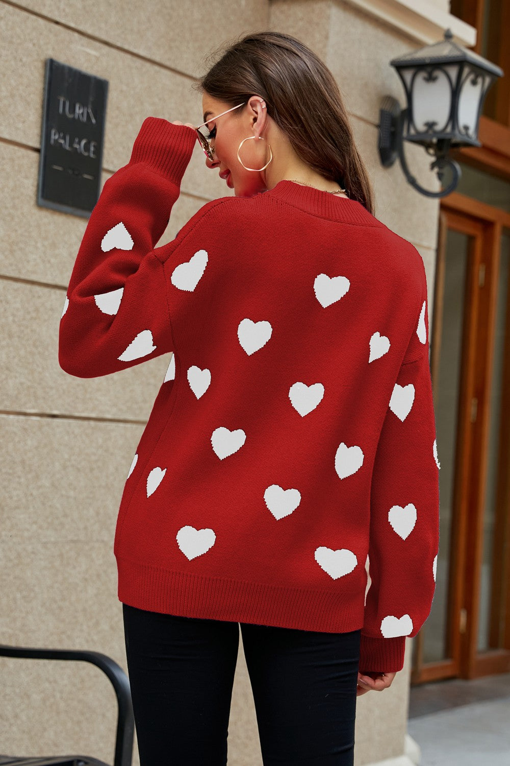 Heart Pattern Lantern Sleeve Round Neck Tunic Sweater