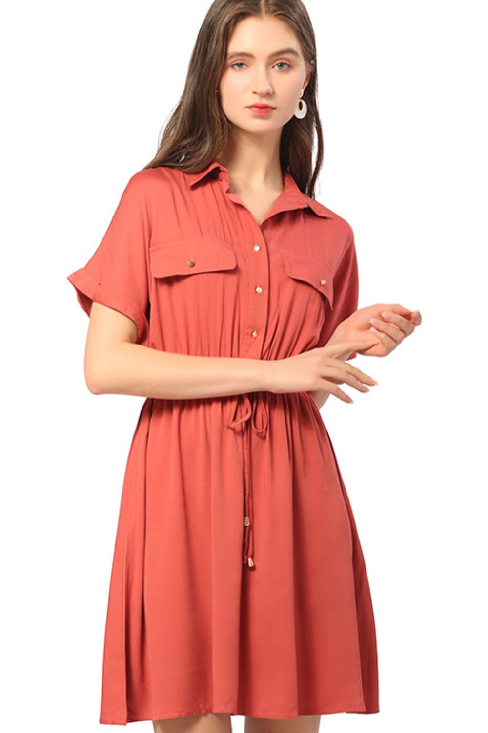 Half Button Drawstring Waist Short Sleeve Shirt Dress