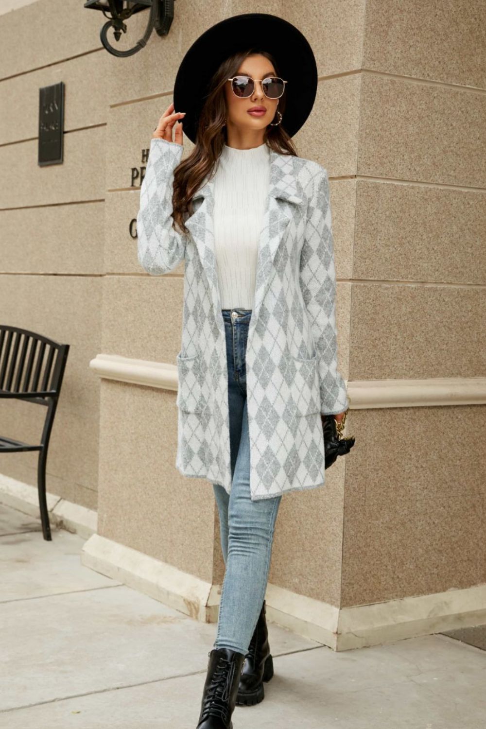 Printed Open Front Lapel Collar Cardigan with Pockets