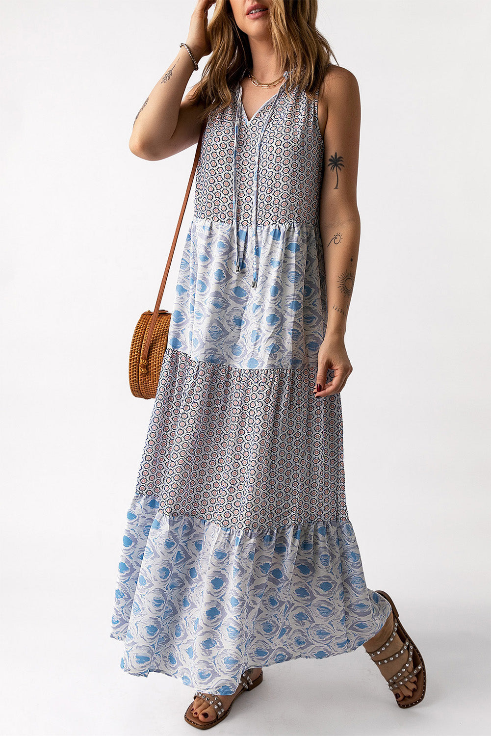 Mixed Print Tie-Neck Sleeveless Maxi Dress