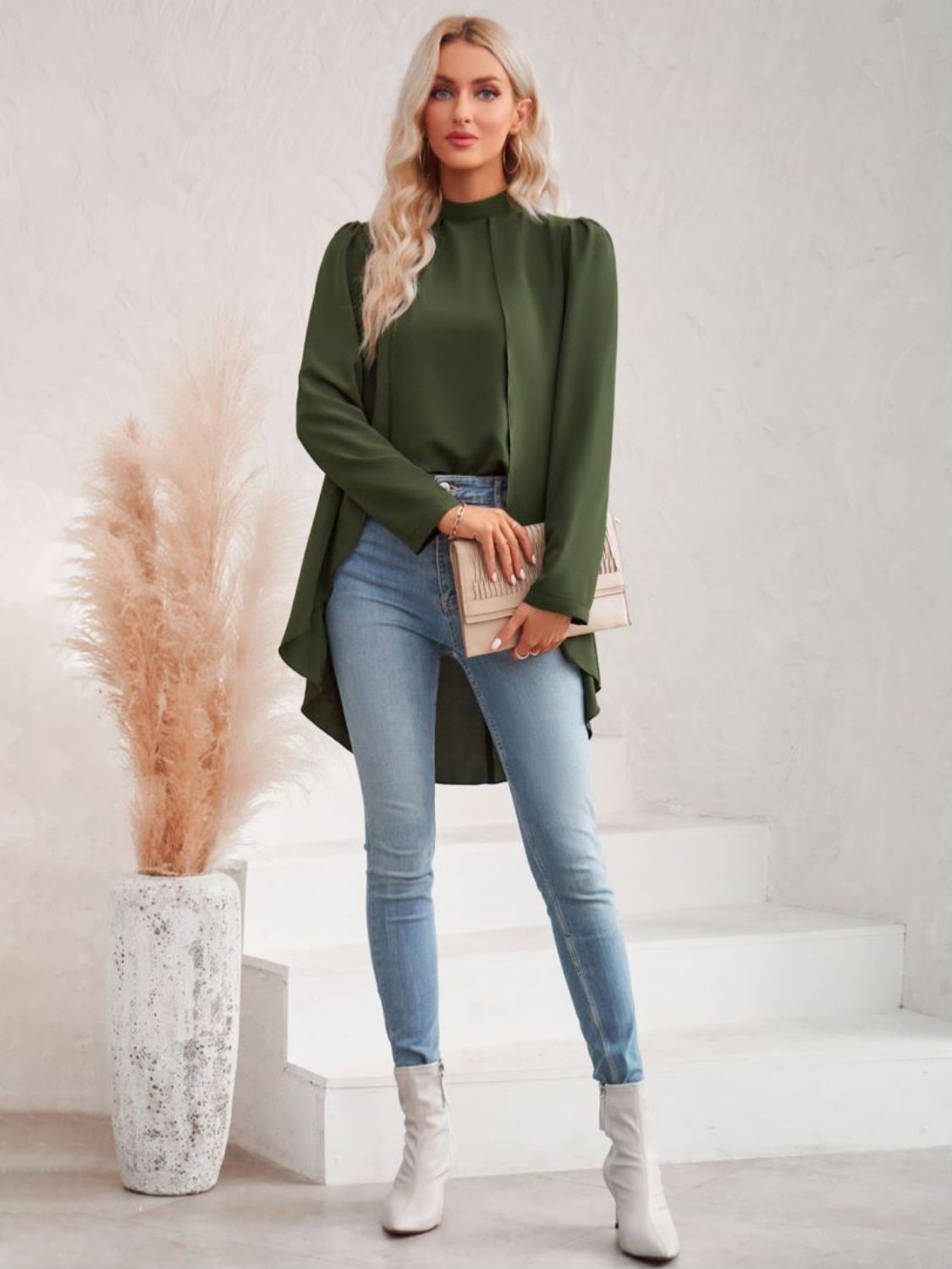 Long Puff Sleeve High-Low Blouse