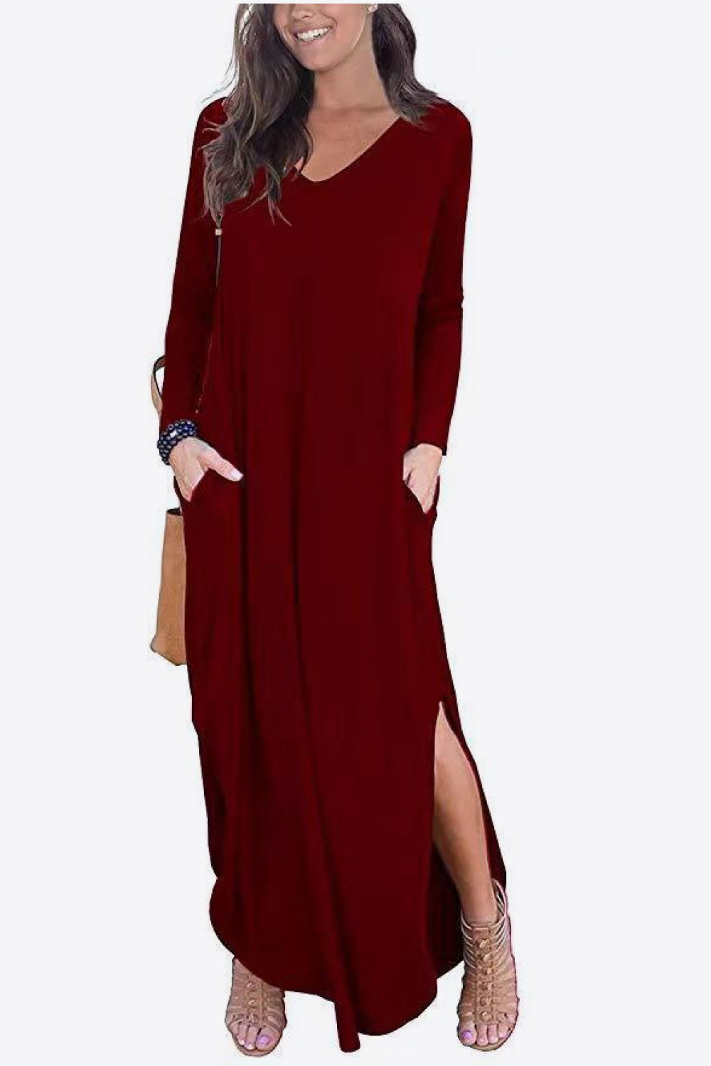 Split Long Sleeve V-Neck Maxi Dress