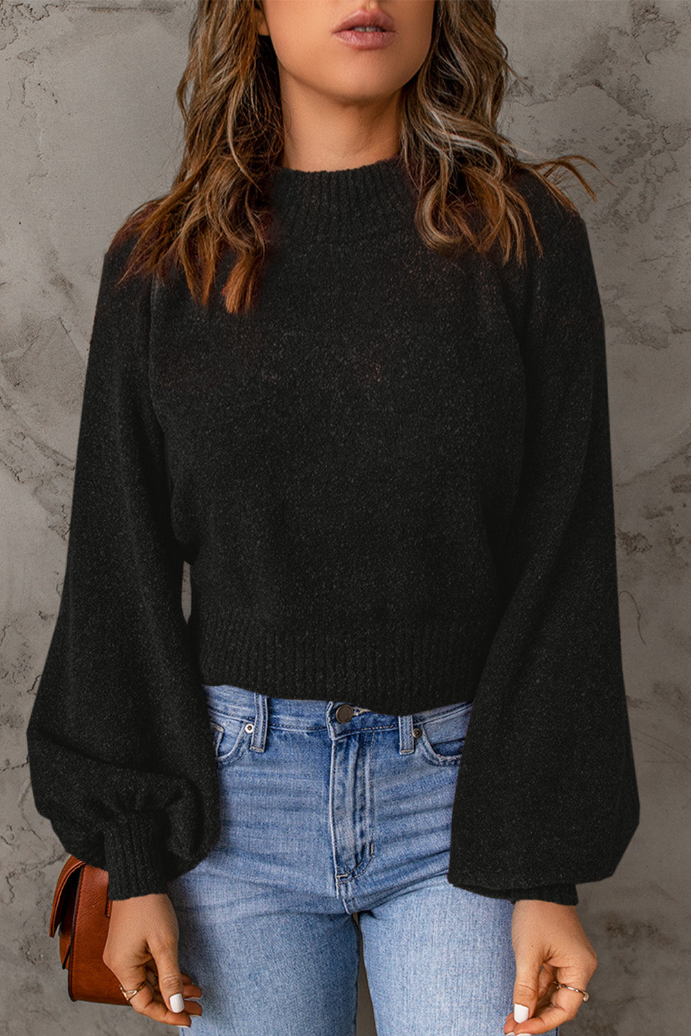 Ribbed Trim Balloon Sleeve Sweater