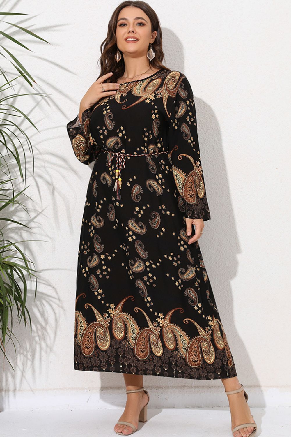 Full Size Tie Waist Round Neck Long Sleeve Midi Dress