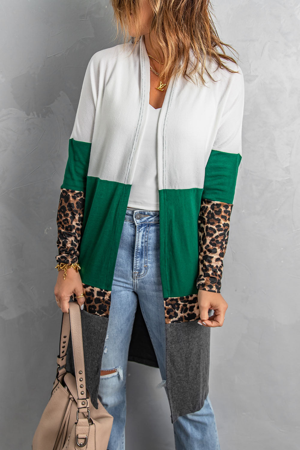 Leopard Color Block Open Front Longline Cardigan