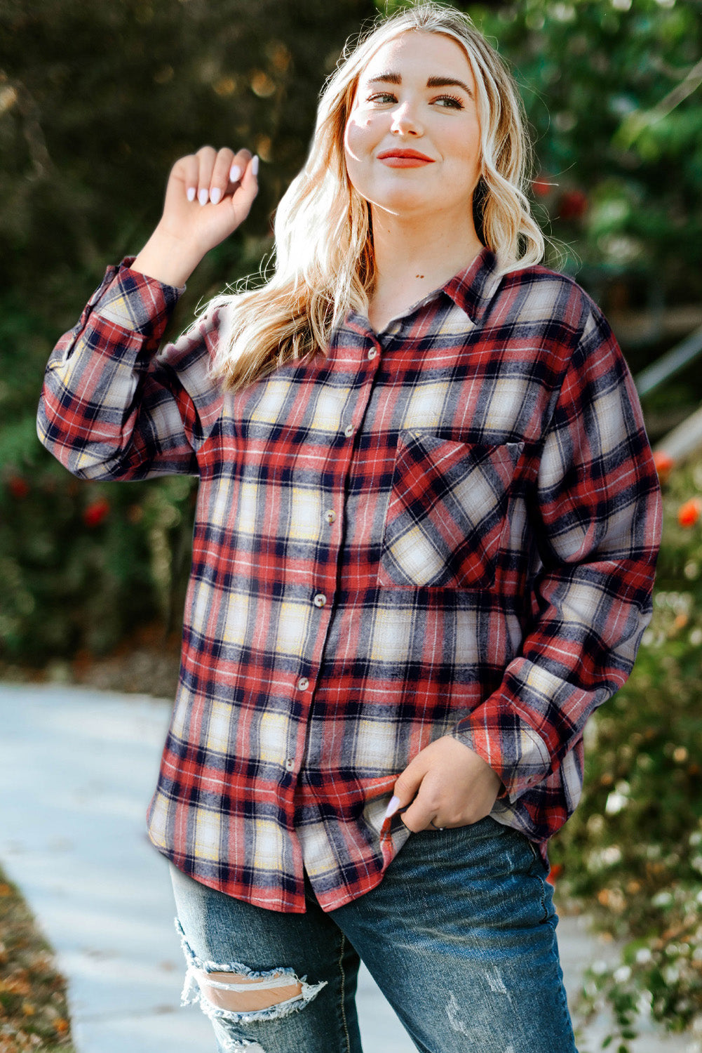 Plus Size Plaid Collared Neck Shirt