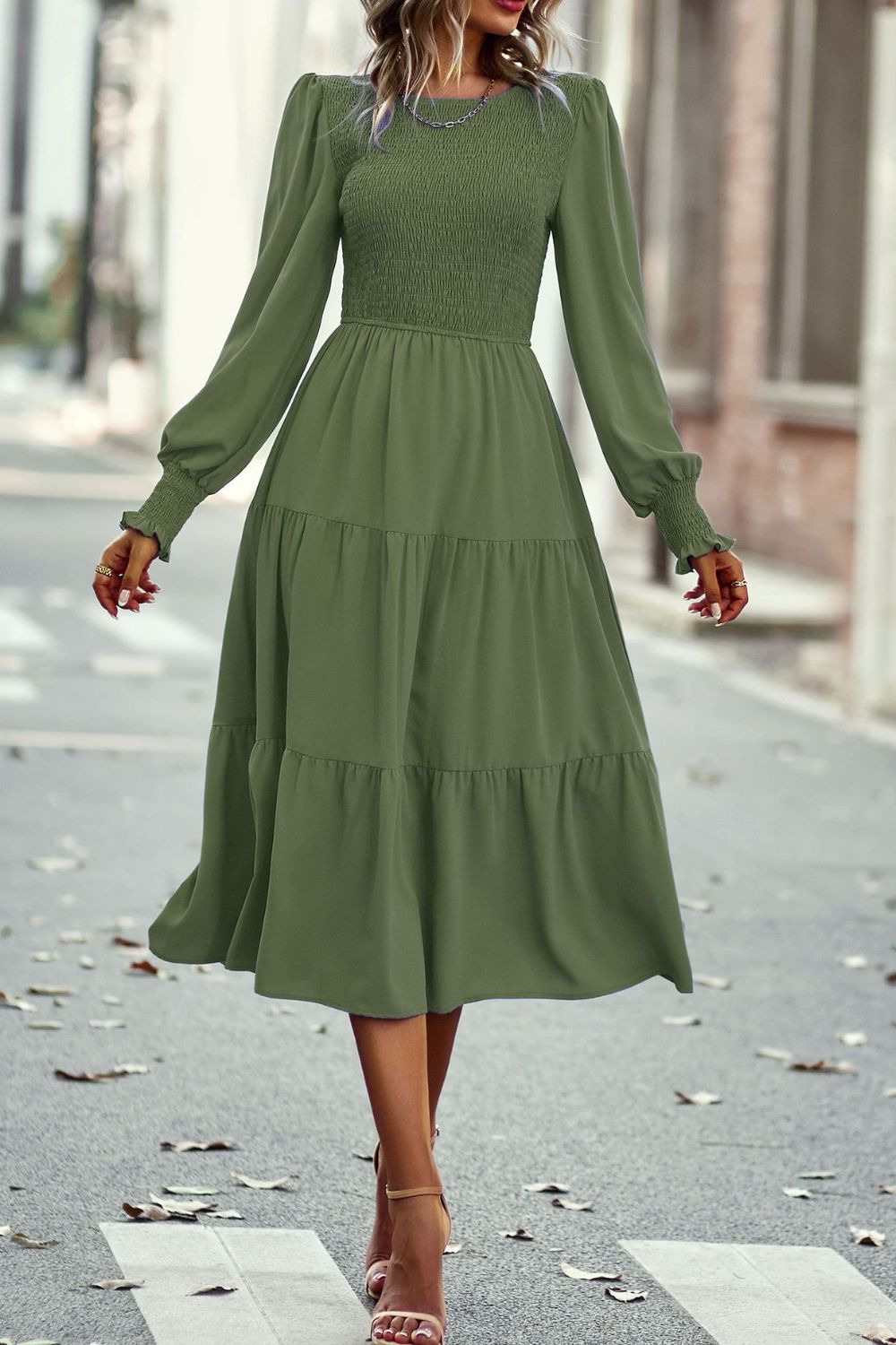 Smocked Long Puff Sleeve Tiered Midi Dress