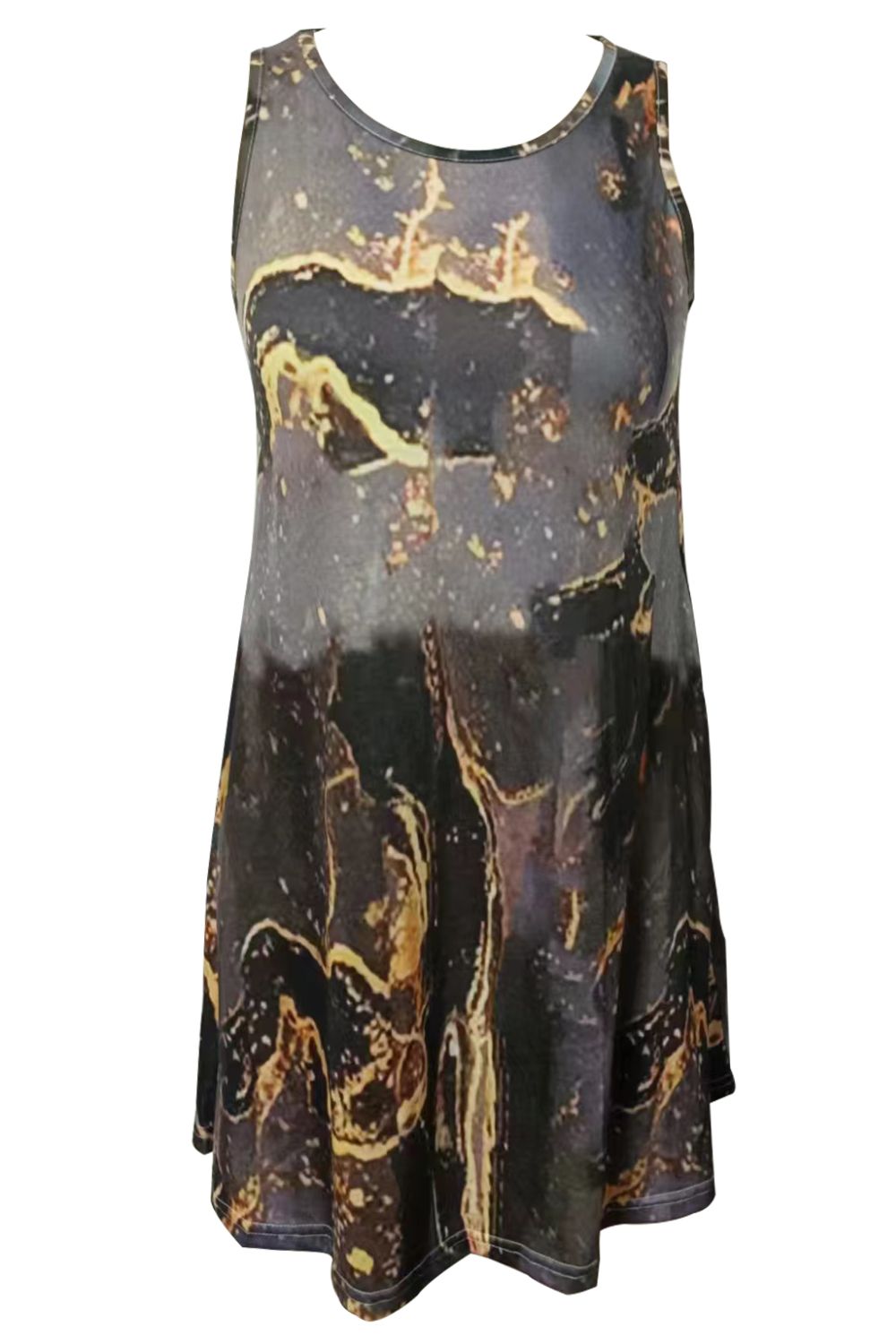 Abstract Print Round Neck Sleeveless Dress with Pockets