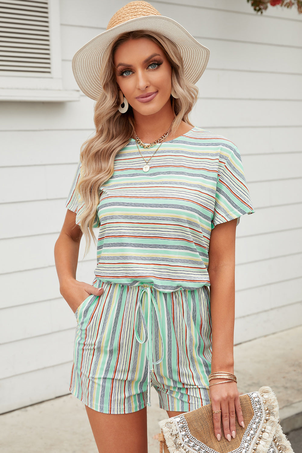 Rainbow Stripe Drawstring Waist Romper