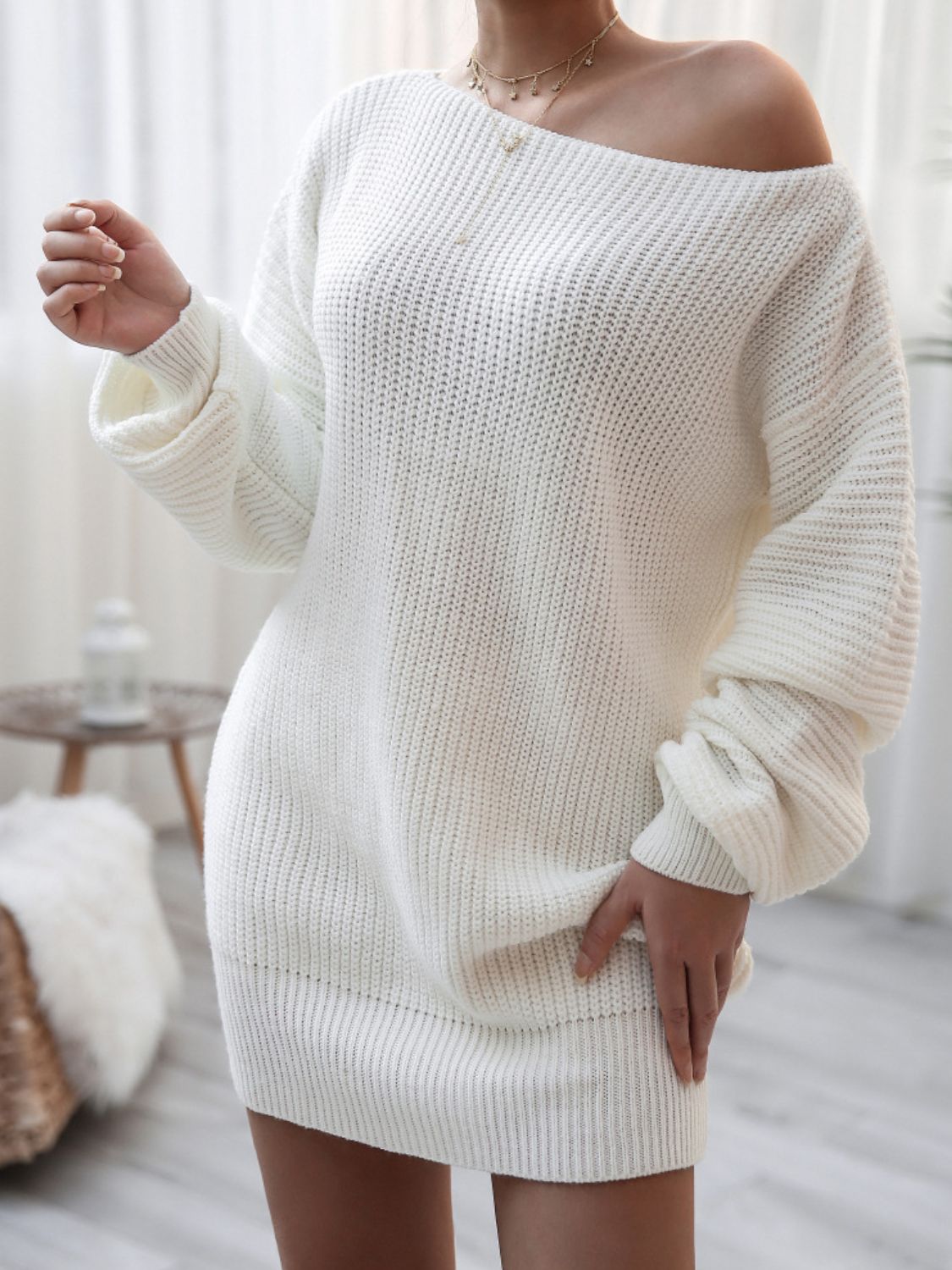 Rib-Knit Balloon Sleeve Boat Neck Sweater Dress