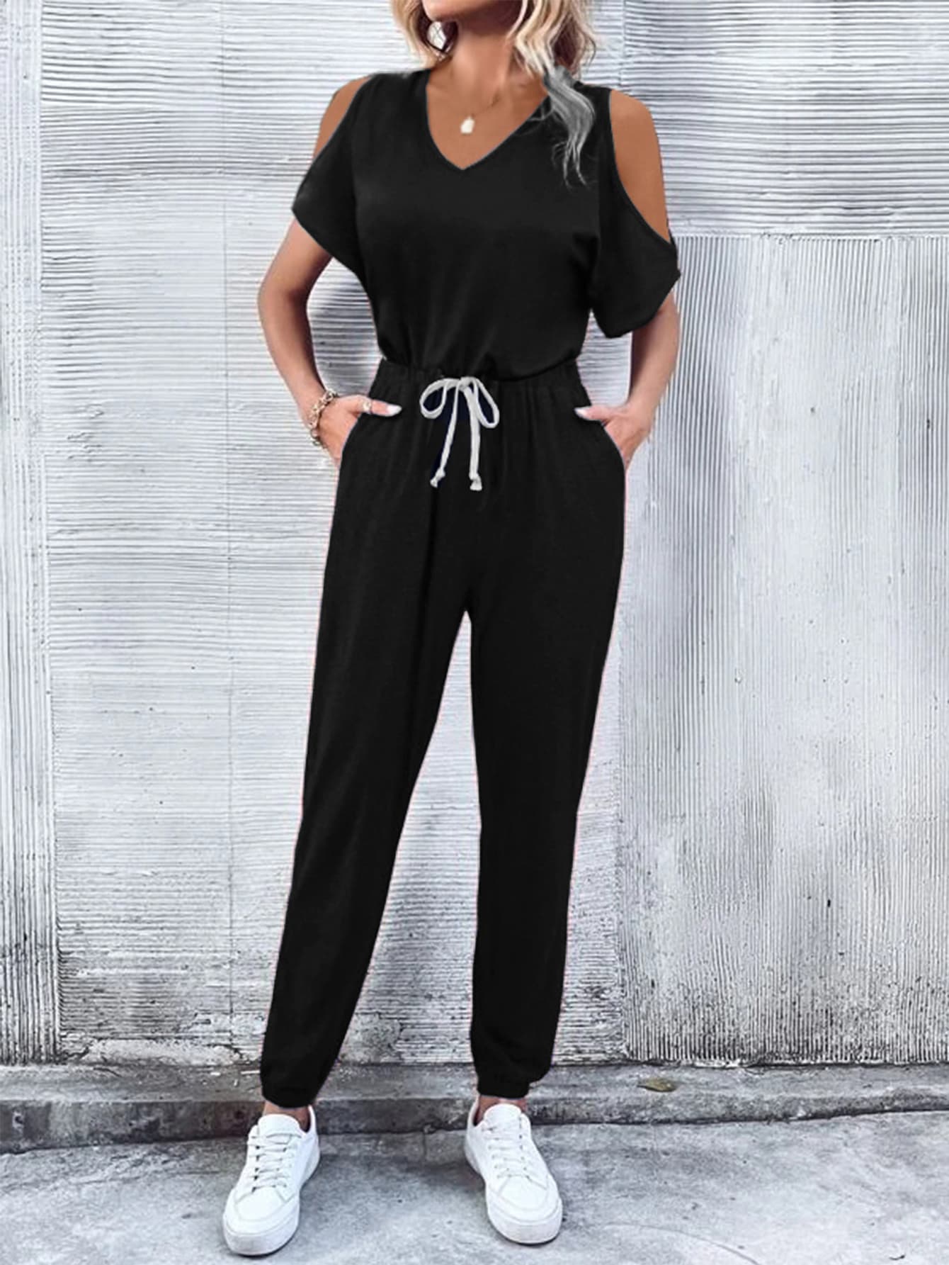 V-Neck Cold-Shoulder Jumpsuit with Pockets