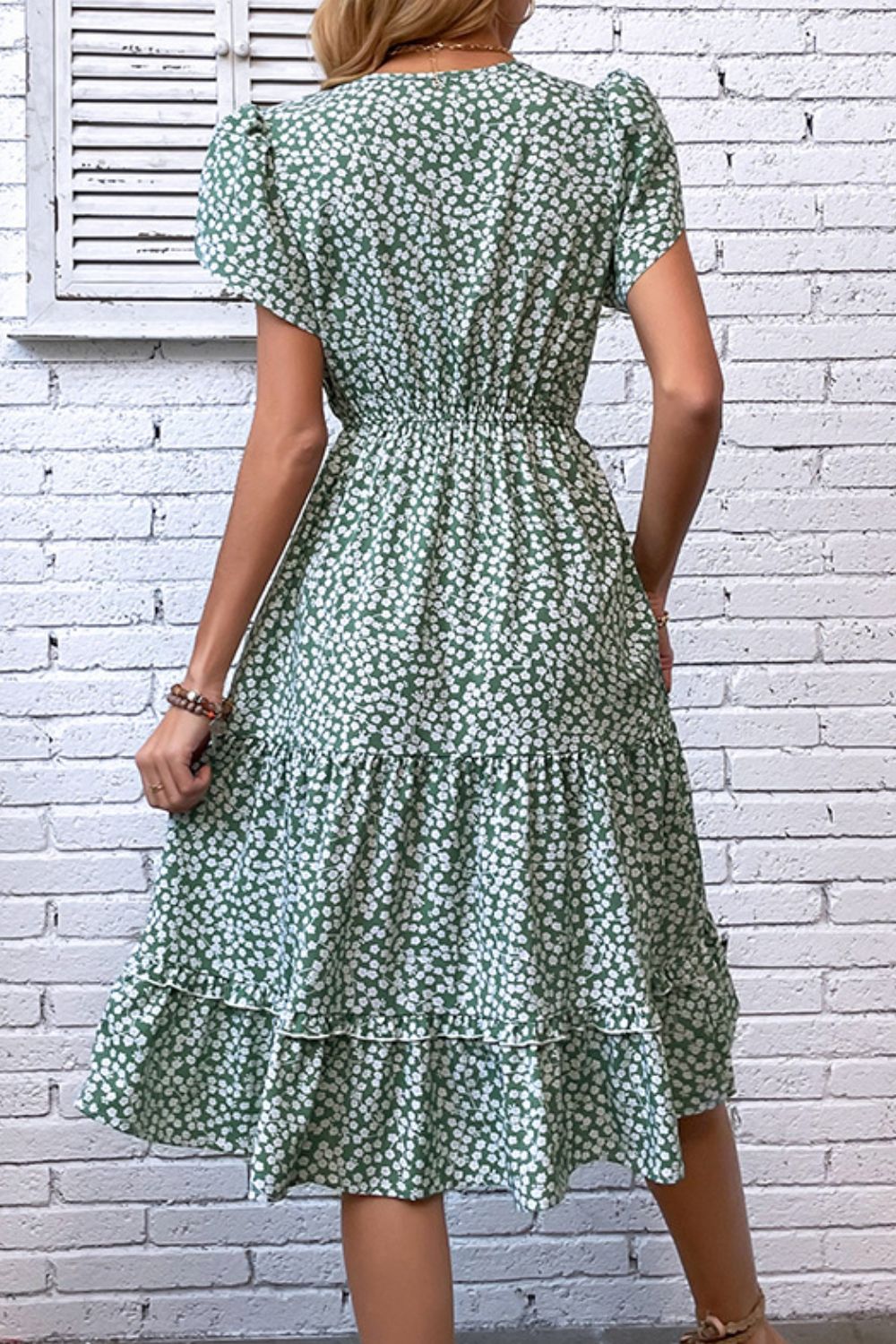 Floral Tie Neck Petal Sleeve Dress