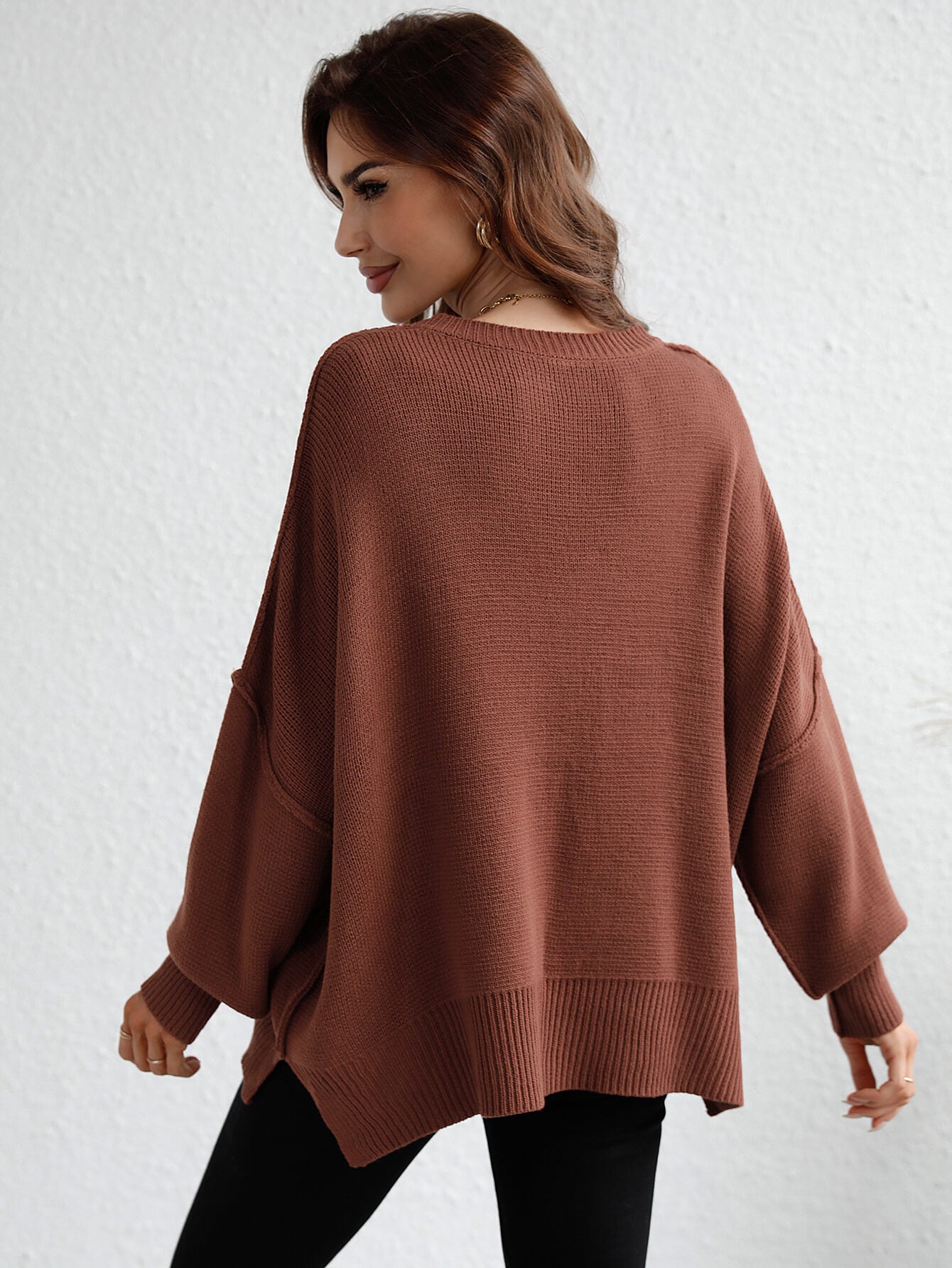 Exposed Seam Dropped Shoulder Slit Sweater