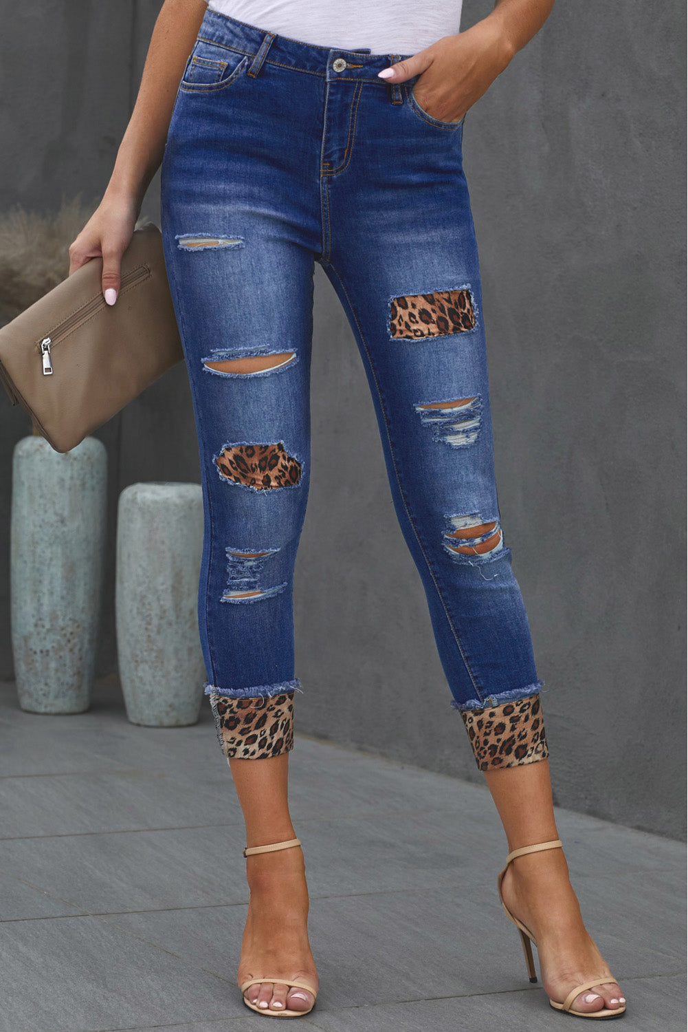 Leopard Patch Distressed Cropped Jeans