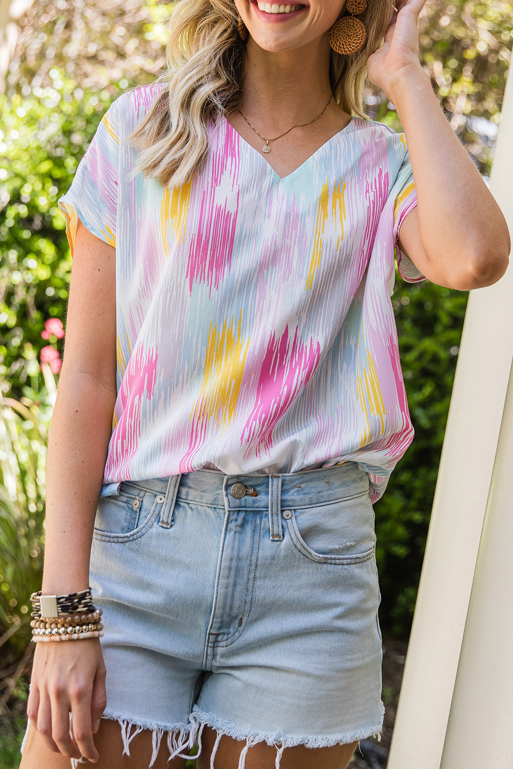 High-Low V-Neck Short Sleeve Blouse