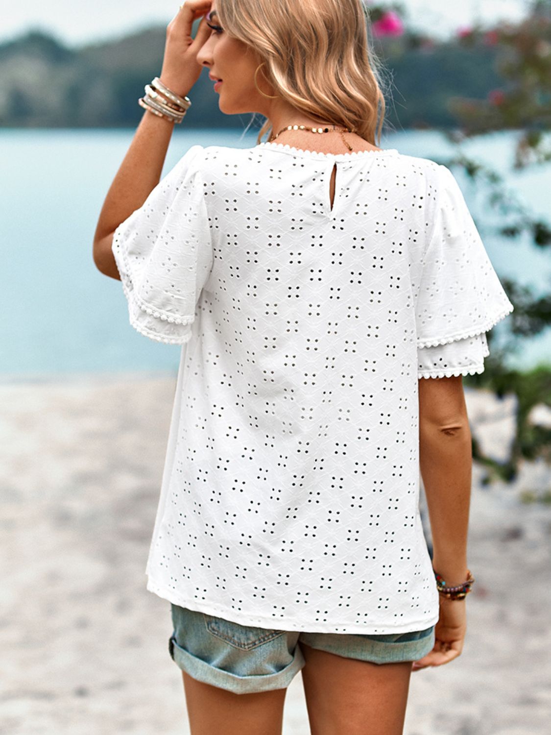 Eyelet Round Neck Puff Sleeve Blouse