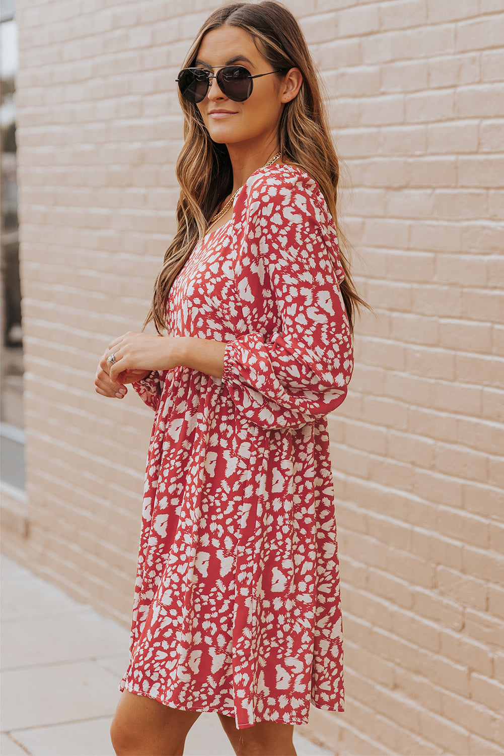 Animal Print Square Neck Balloon Sleeve Dress