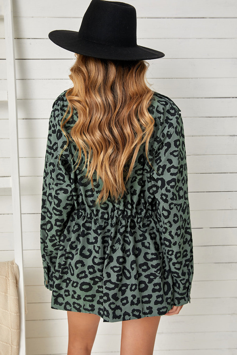 Leopard Drawstring Waist Jacket with Pockets