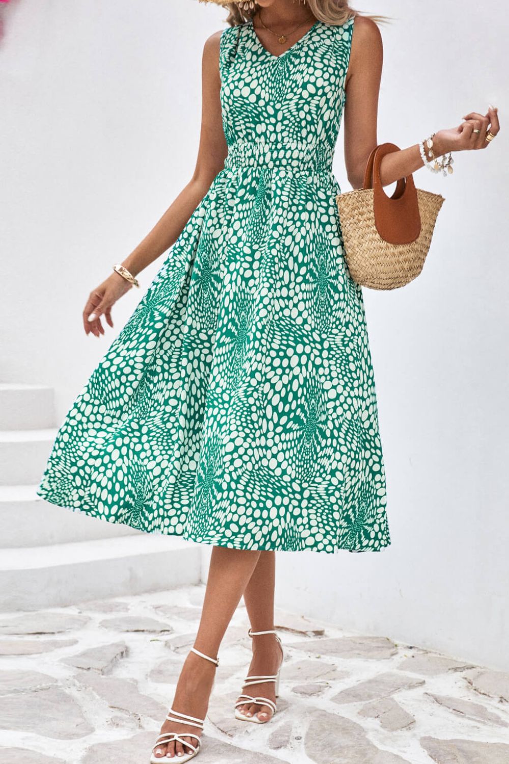 Printed V-Neck Sleeveless Dress