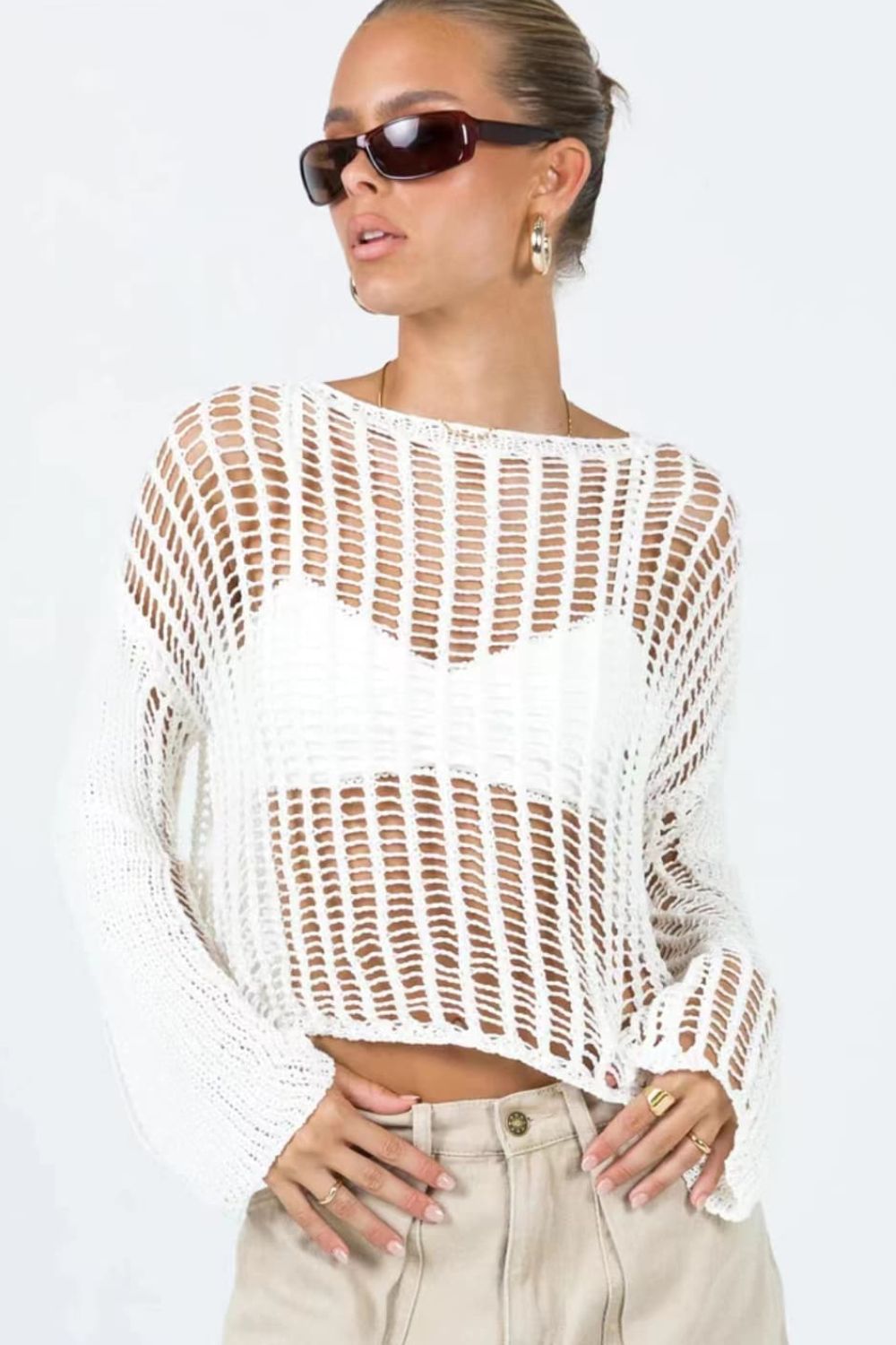 Openwork Boat Neck Long Sleeve Cover Up