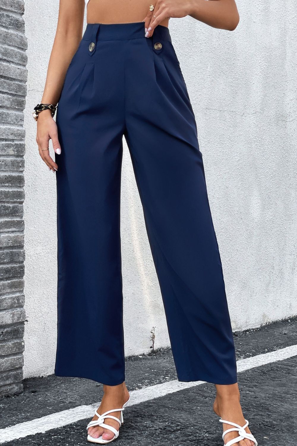 High-Rise Pleated Waist Wide Leg Pants