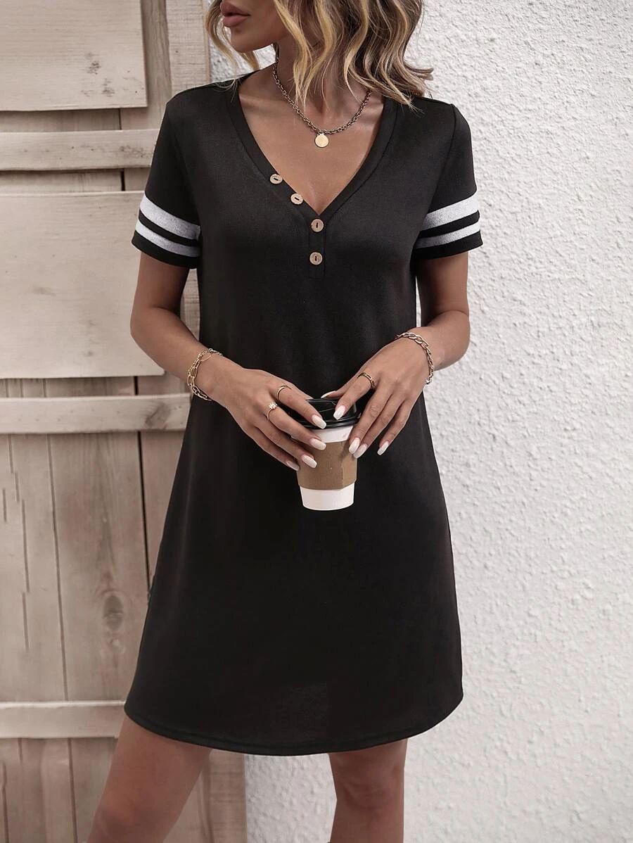 Striped Short Sleeve Decorative Button Dress