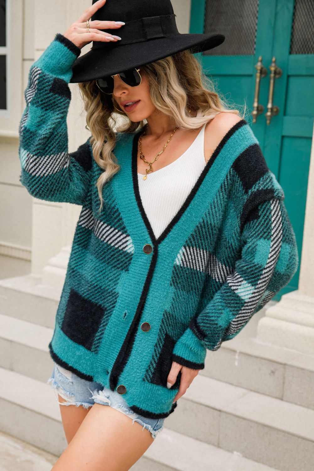 Striped Button-Front Fuzzy Cardigan