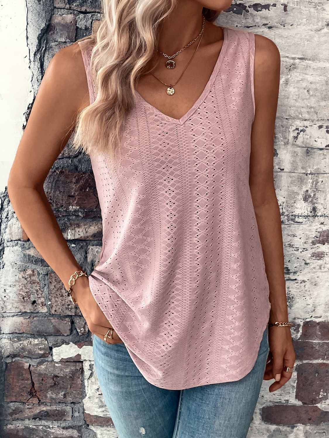 Eyelet V-Neck Curved Hem Tank