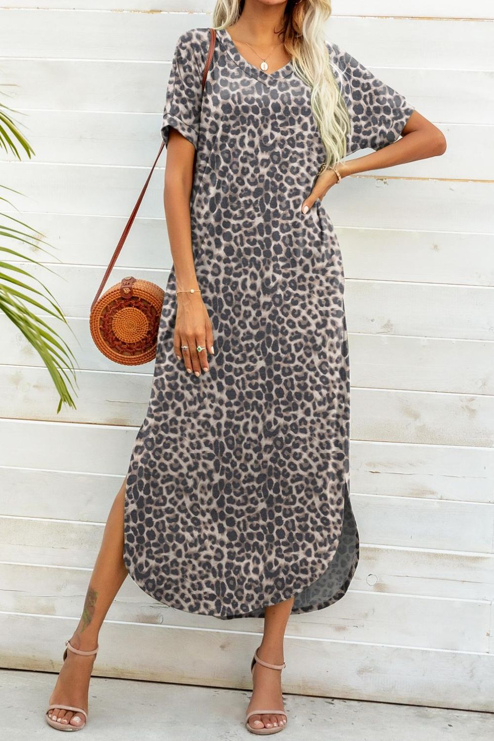 Printed V-Neck Curved Hem Dress