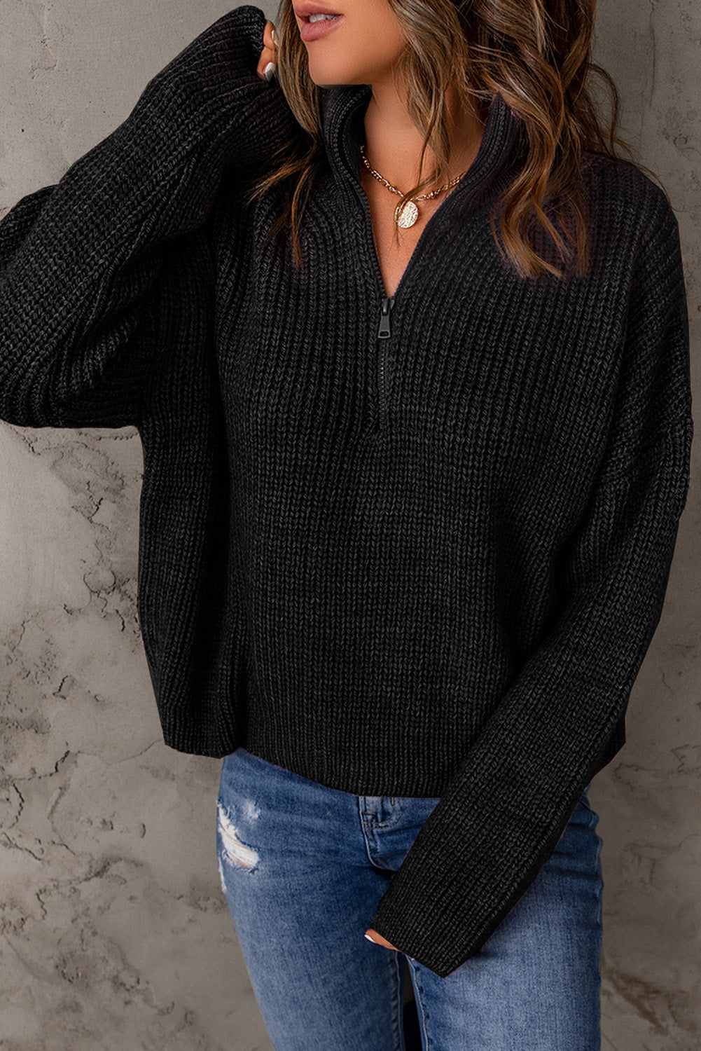 Half Zip Rib-Knit Dropped Shoulder Sweater