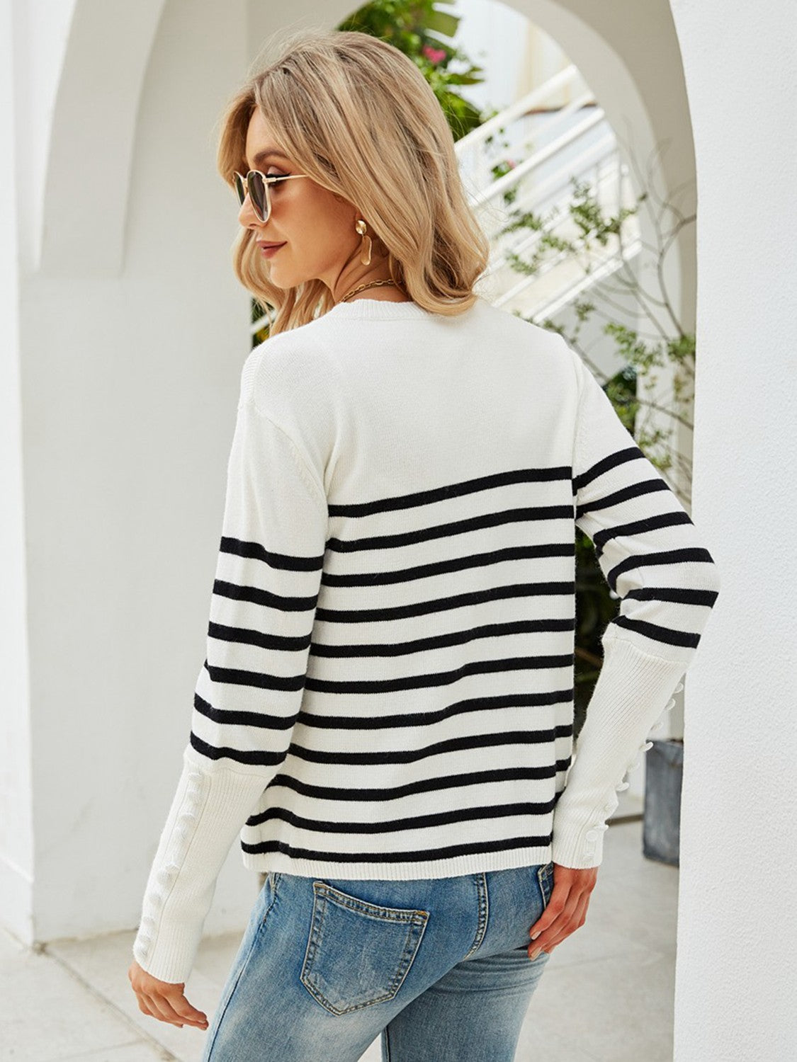 Striped Decorative Button Knit Top