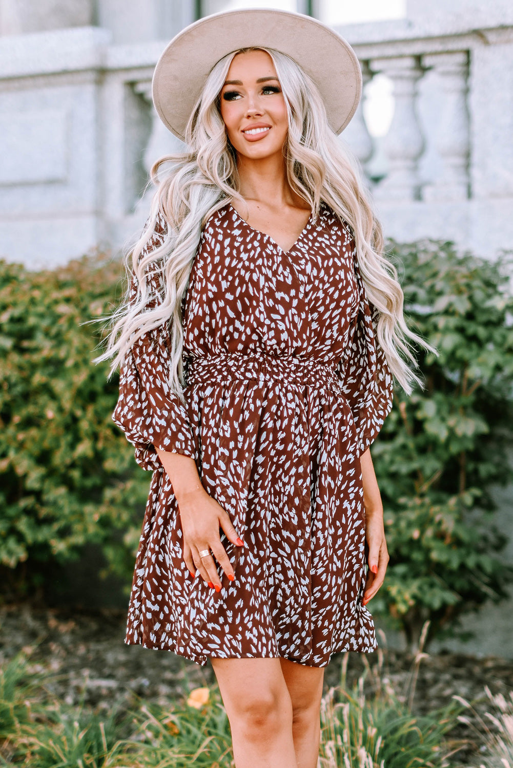 Printed Balloon Sleeve V-Neck Dress