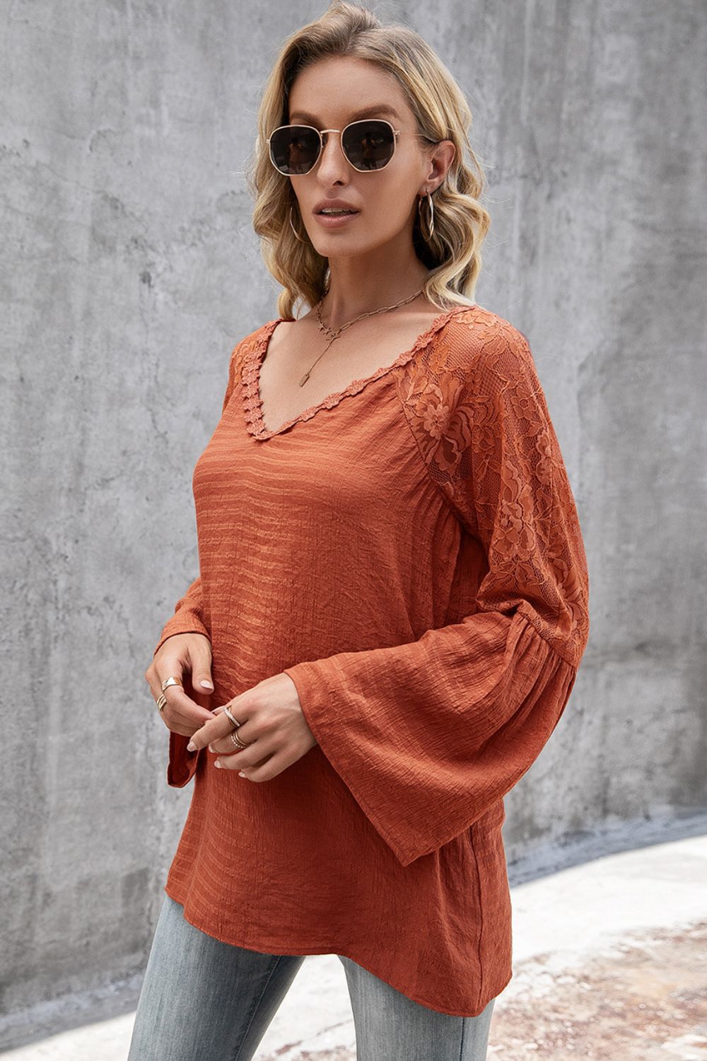 V-Neck Spliced Lace Flare Sleeve Top