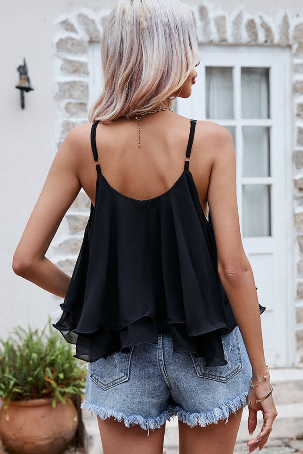 Scoop Neck Spaghetti Strap Ruffle Hem Tank