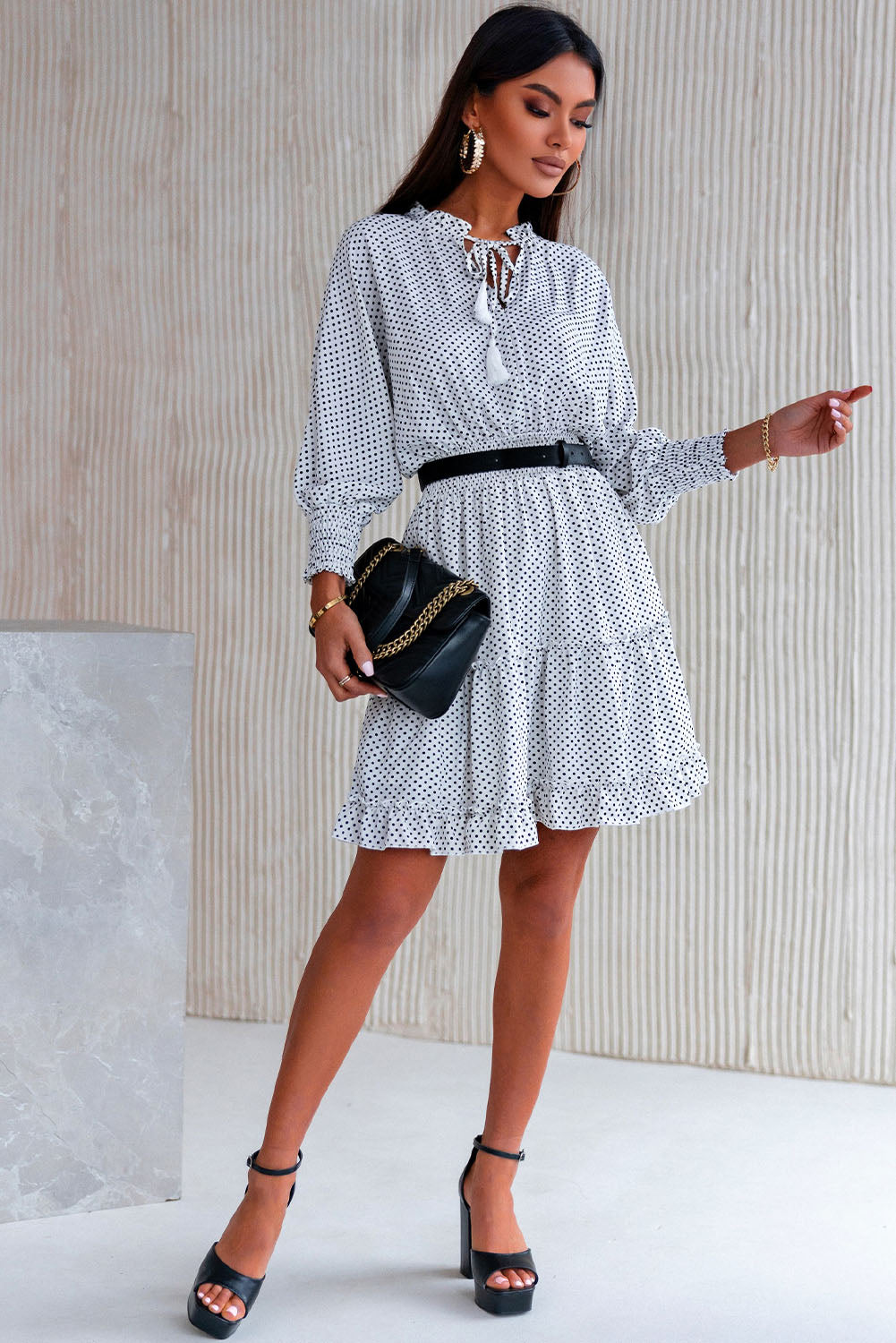 Polka Dot Tassel Tie Ruffle Hem Dress