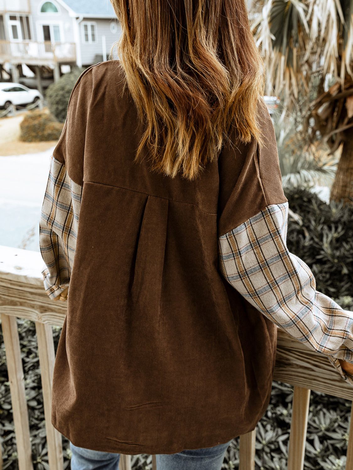 Plaid Corduroy Shirt Jacket with Pockets