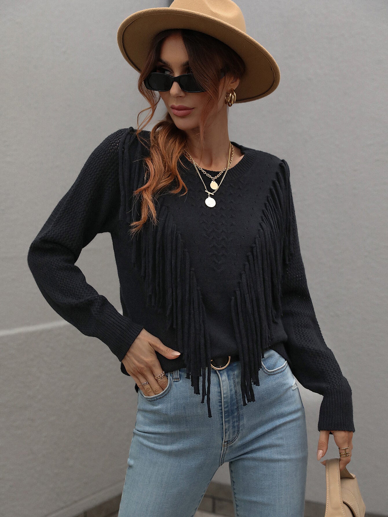 Fringe Detail Ribbed Trim Sweater