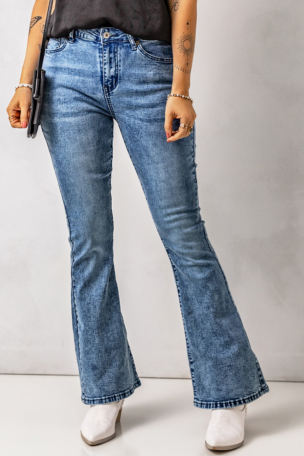 Vintage Wash Flare Jeans with Pockets